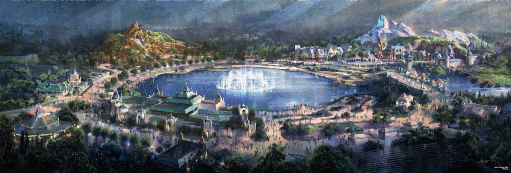 Concept art du land World of Frozen à Disneyland Paris - Vue panoramique sur Arendelle, le lac central et les futures attractions de Disney Adventure World 2025