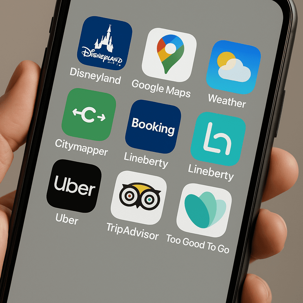 Capture d’écran d’applications mobiles indispensables pour visiter Disneyland Paris : carte du parc, temps d’attente, météo, transports et réservations