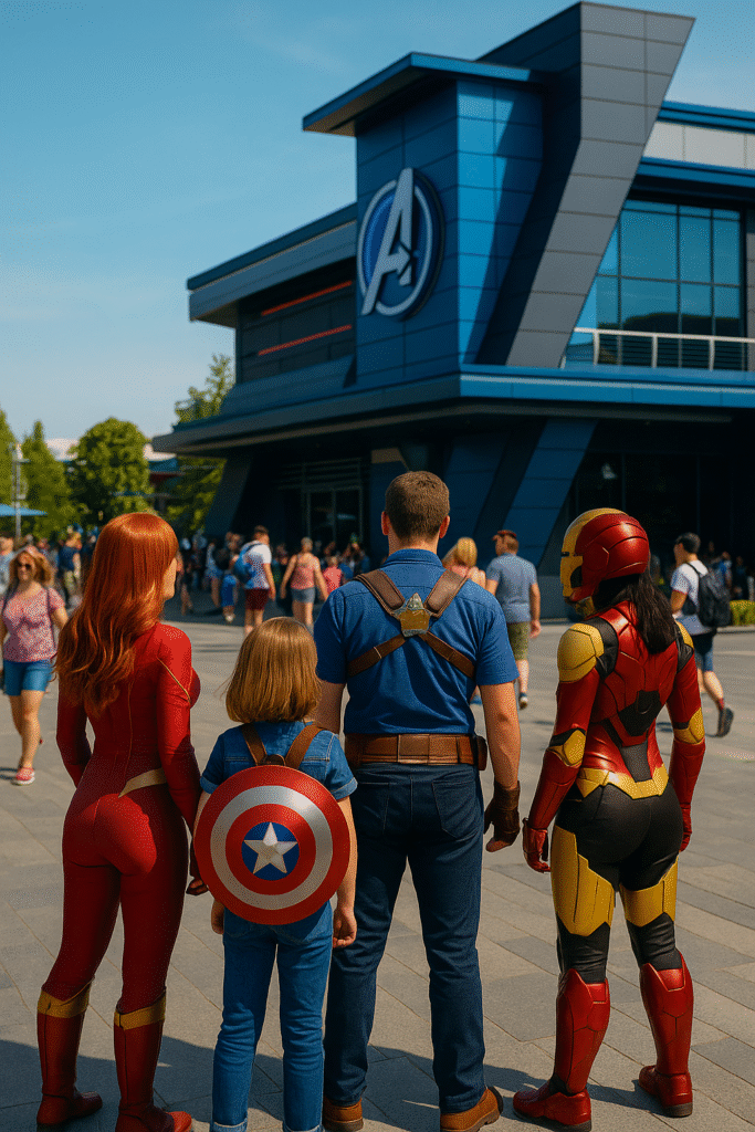 Visiteurs en cosplay Marvel générique posant devant un bâtiment futuriste de l’Avengers Campus à Disneyland Paris.