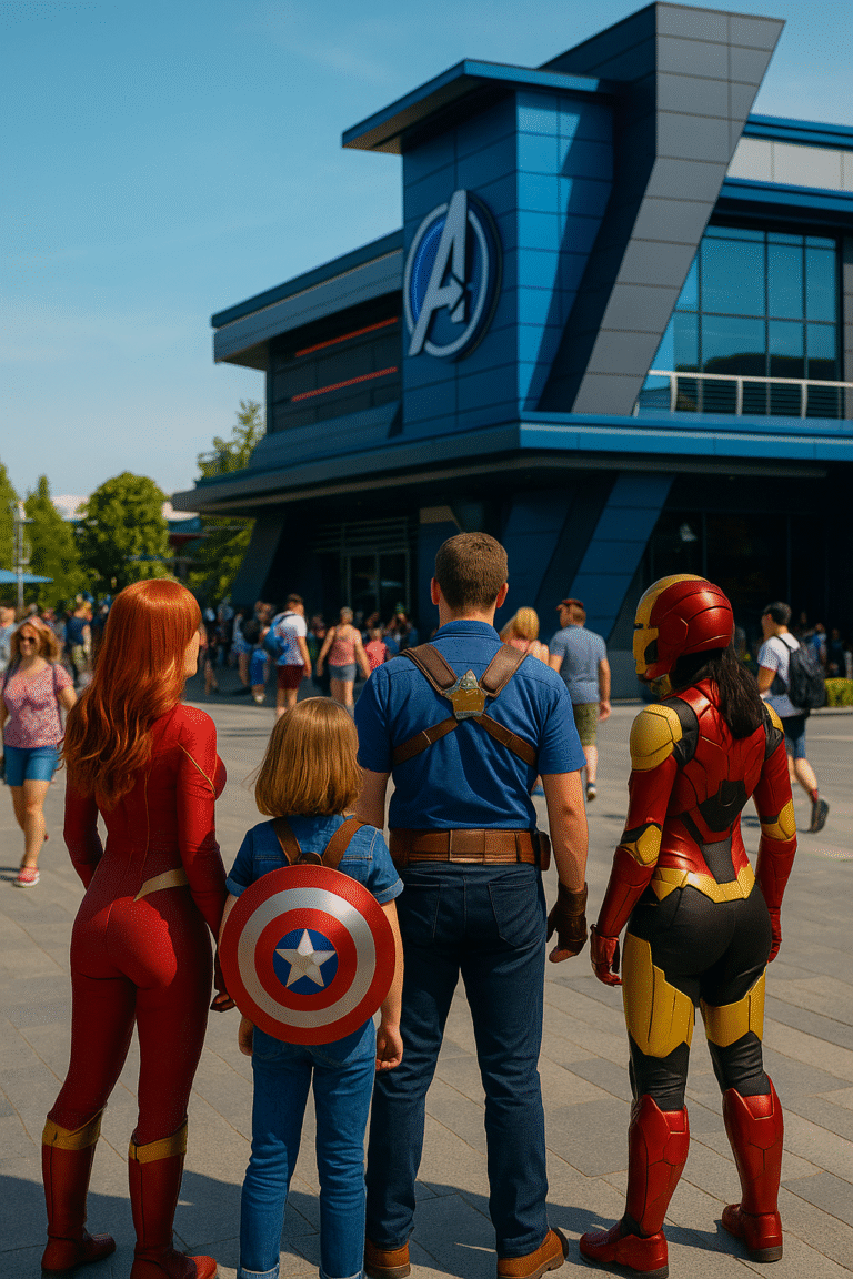 Visiteurs en cosplay Marvel générique posant devant un bâtiment futuriste de l’Avengers Campus à Disneyland Paris.