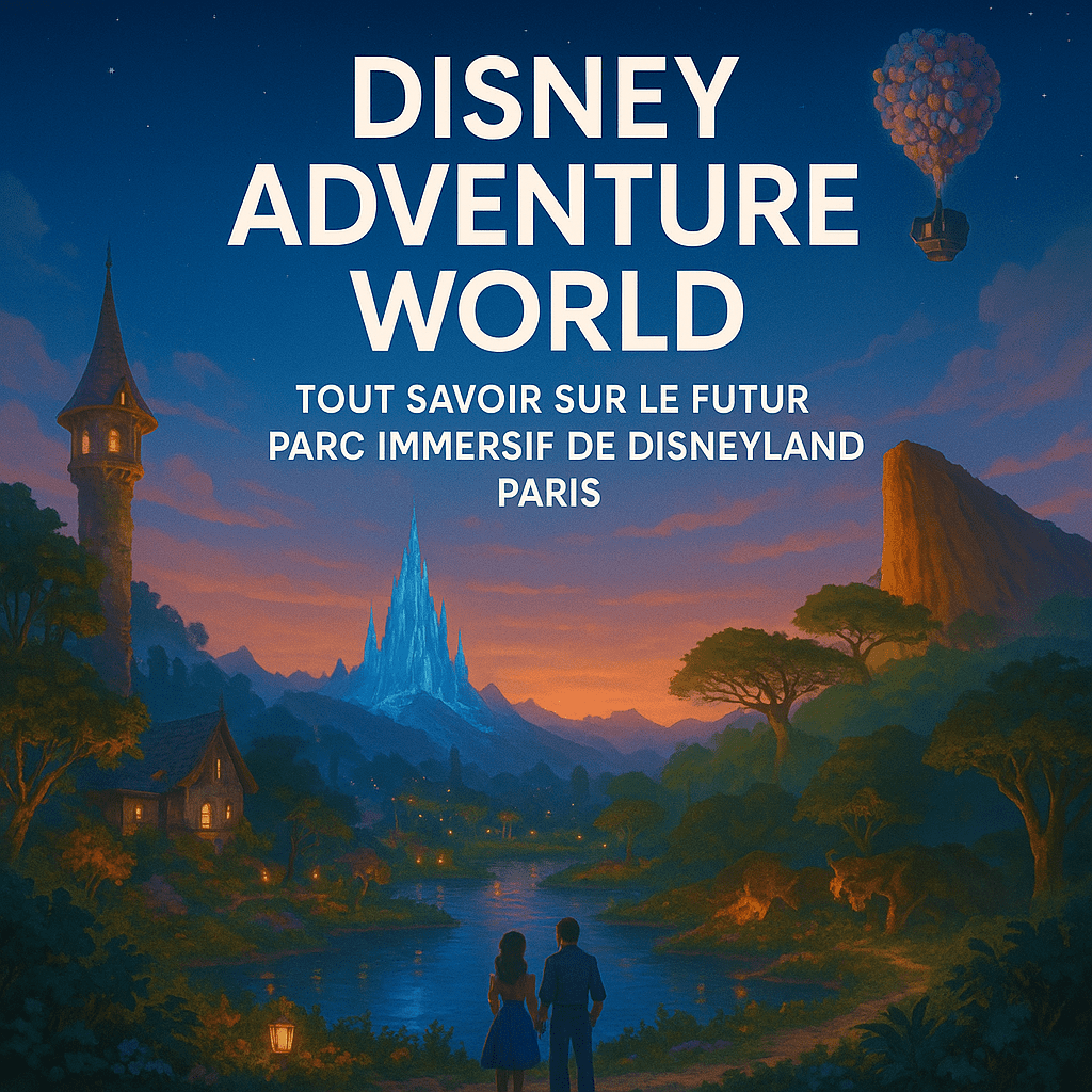 Illustration du parc Disney Adventure World à Disneyland Paris, avec le château de Frozen, la tour de Raiponce, la savane du Roi Lion et la maison volante de Là-Haut au crépuscule