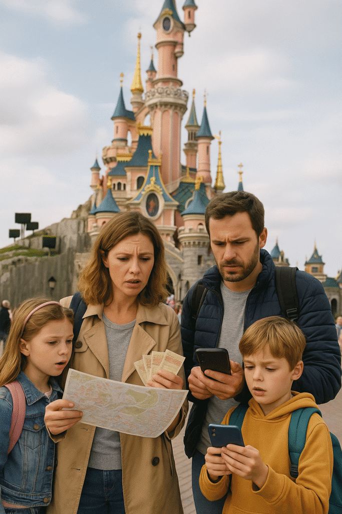 Famille en train de planifier sa visite devant le château de Disneyland Paris, avec billets, sacs et application mobile.