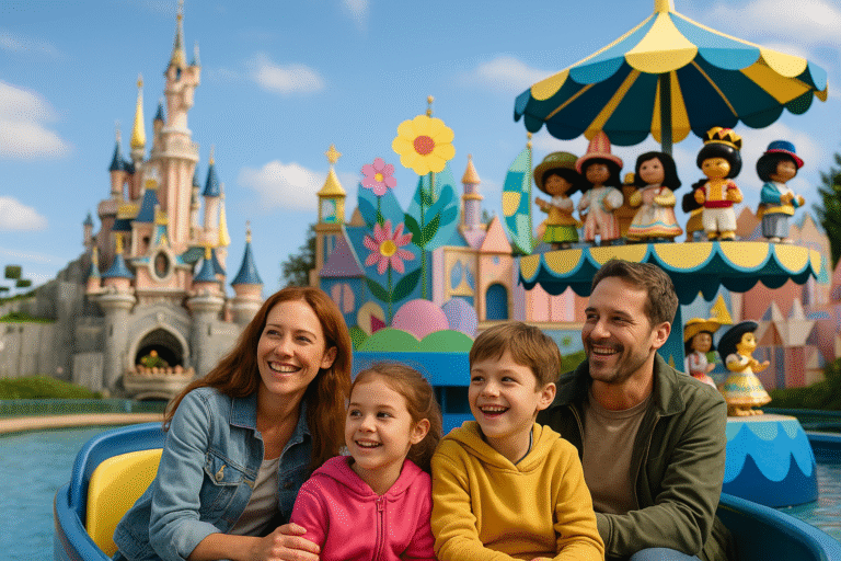 Famille avec deux enfants à Disneyland Paris, à bord de l’attraction It’s a Small World devant le château de la Belle au Bois Dormant.