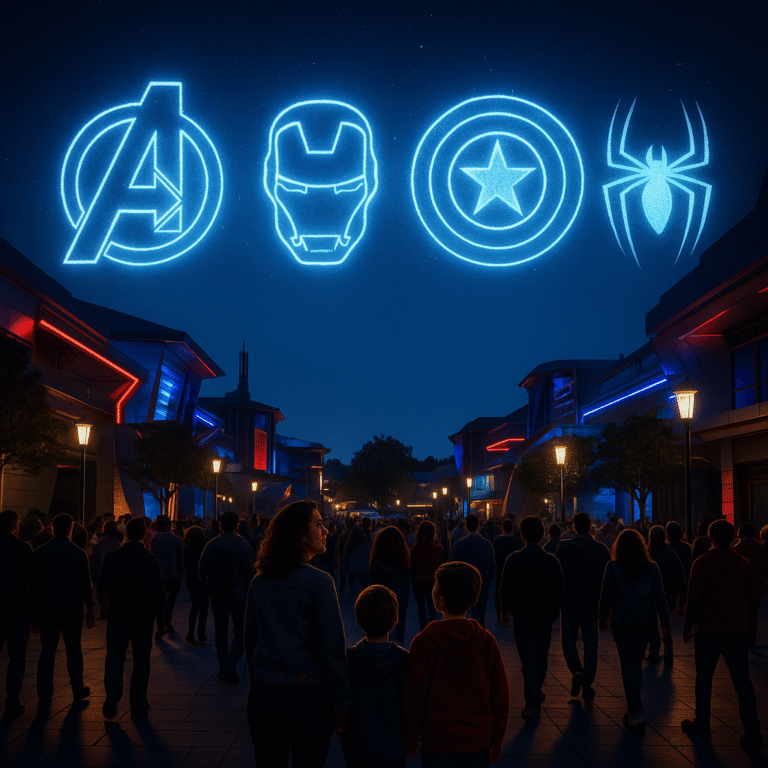 Visiteurs à Disneyland Paris de nuit devant des projections lumineuses des symboles Marvel dans le ciel.