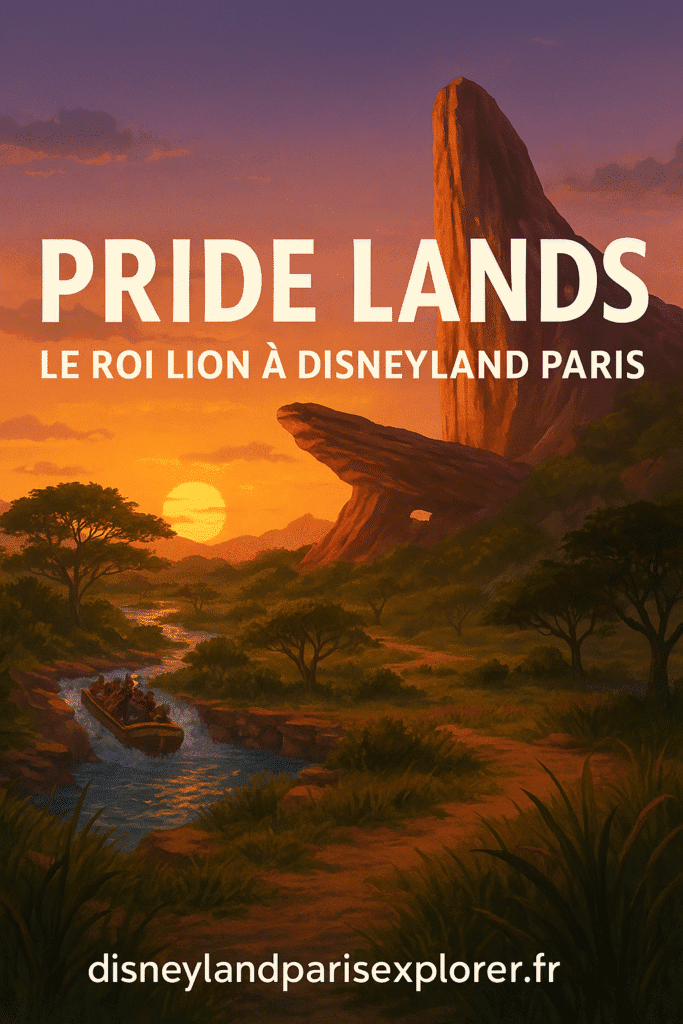 Illustration féerique des Pride Lands au coucher du soleil, avec le Pride Rock et un ride fluvial inspiré du Roi Lion à Disneyland Paris.