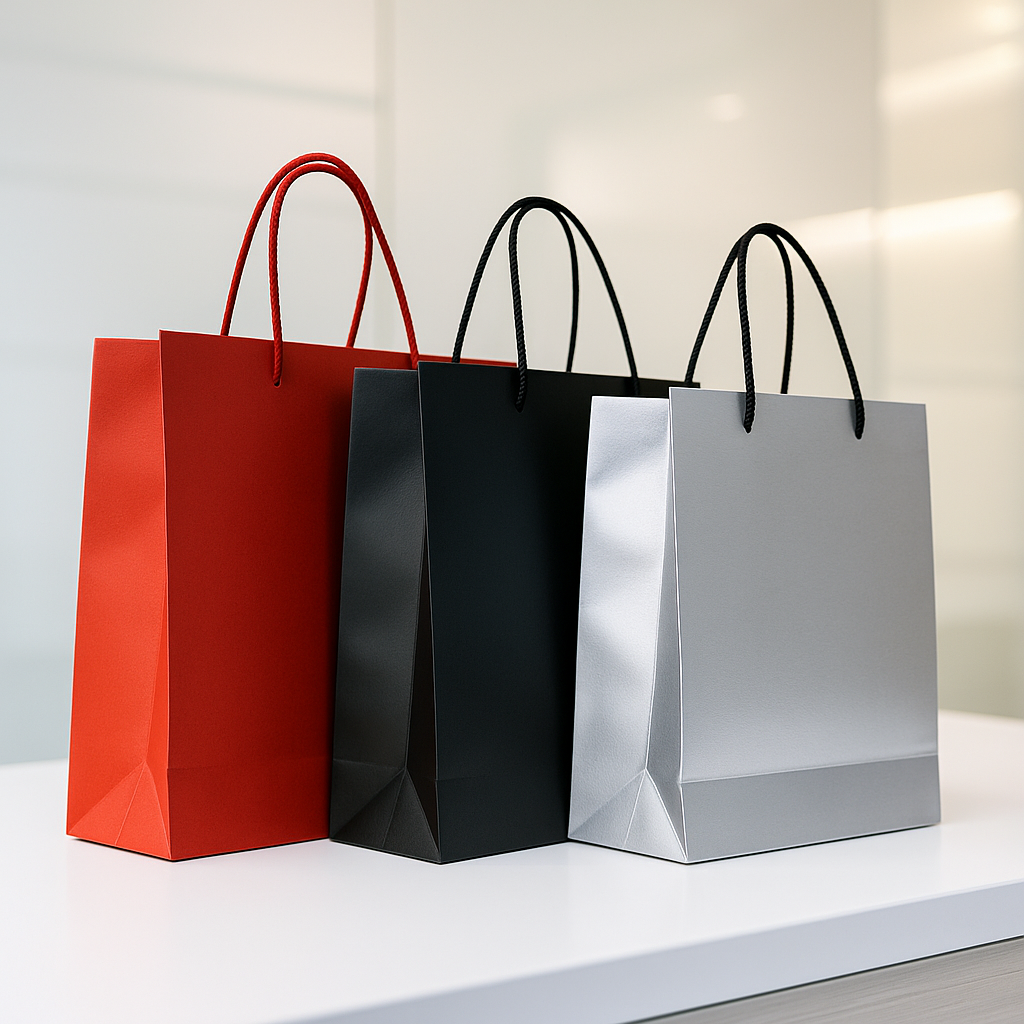 Sacs de shopping premium rouge, noir et argent rappelant les produits dérivés exclusifs à Disneyland Paris.