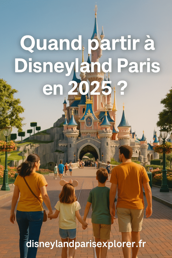 Famille marchant vers le château de Disneyland Paris en 2025 par une journée ensoleillée