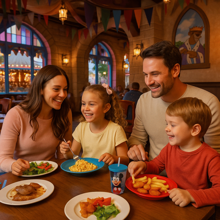 Famille avec enfants mangeant dans un restaurant Disney à Disneyland Paris, avec menus kids-friendly et décor thématique.