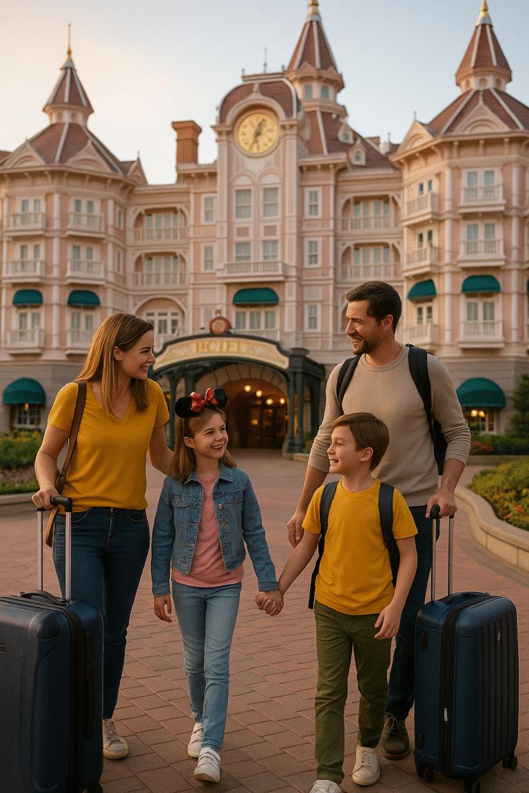 Famille avec enfants et valises devant un hôtel Disney à Disneyland Paris, profitant d’un séjour magique