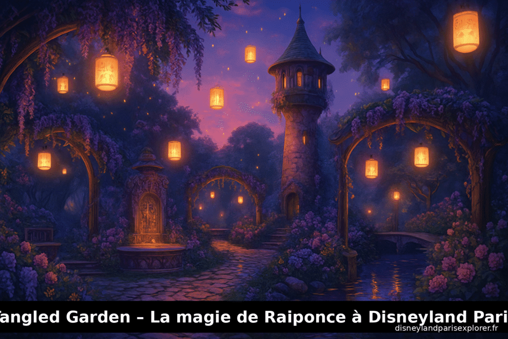 mage féerique du Tangled Garden à Disneyland Paris, inspirée de Raiponce, avec lanternes et jardin enchanté