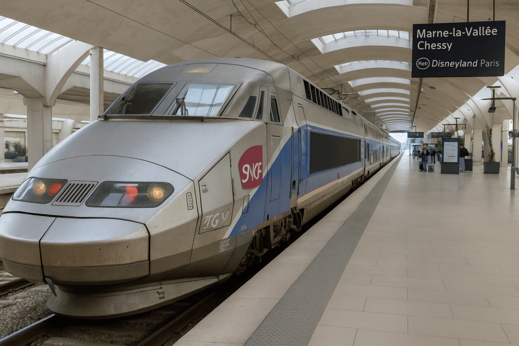 Arrivée du TGV à la gare de Marne-la-Vallée pour Disneyland Paris