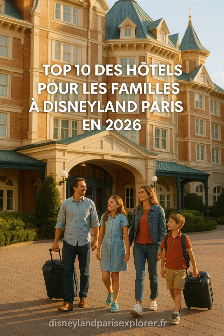 Famille avec deux enfants et leurs valises devant un hôtel Disneyland Paris au coucher du soleil