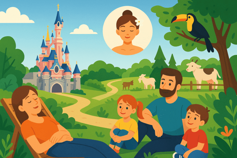Famille se relaxant dans la nature après Disneyland Paris, avec spa, animaux et château en arrière-plan