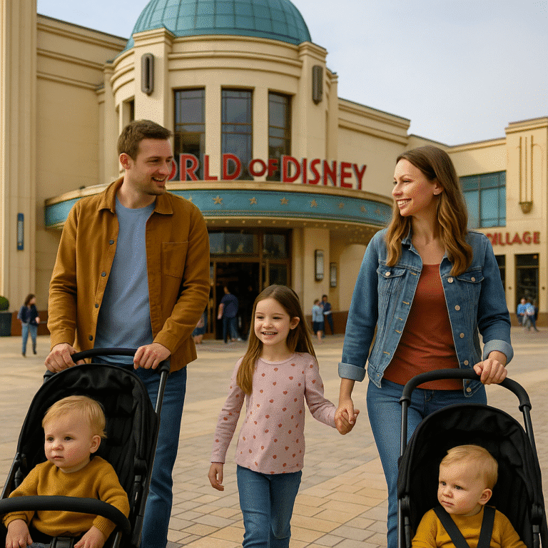 Famille se promenant à Disney Village devant une boutique World of Disney, sans billet pour les parcs