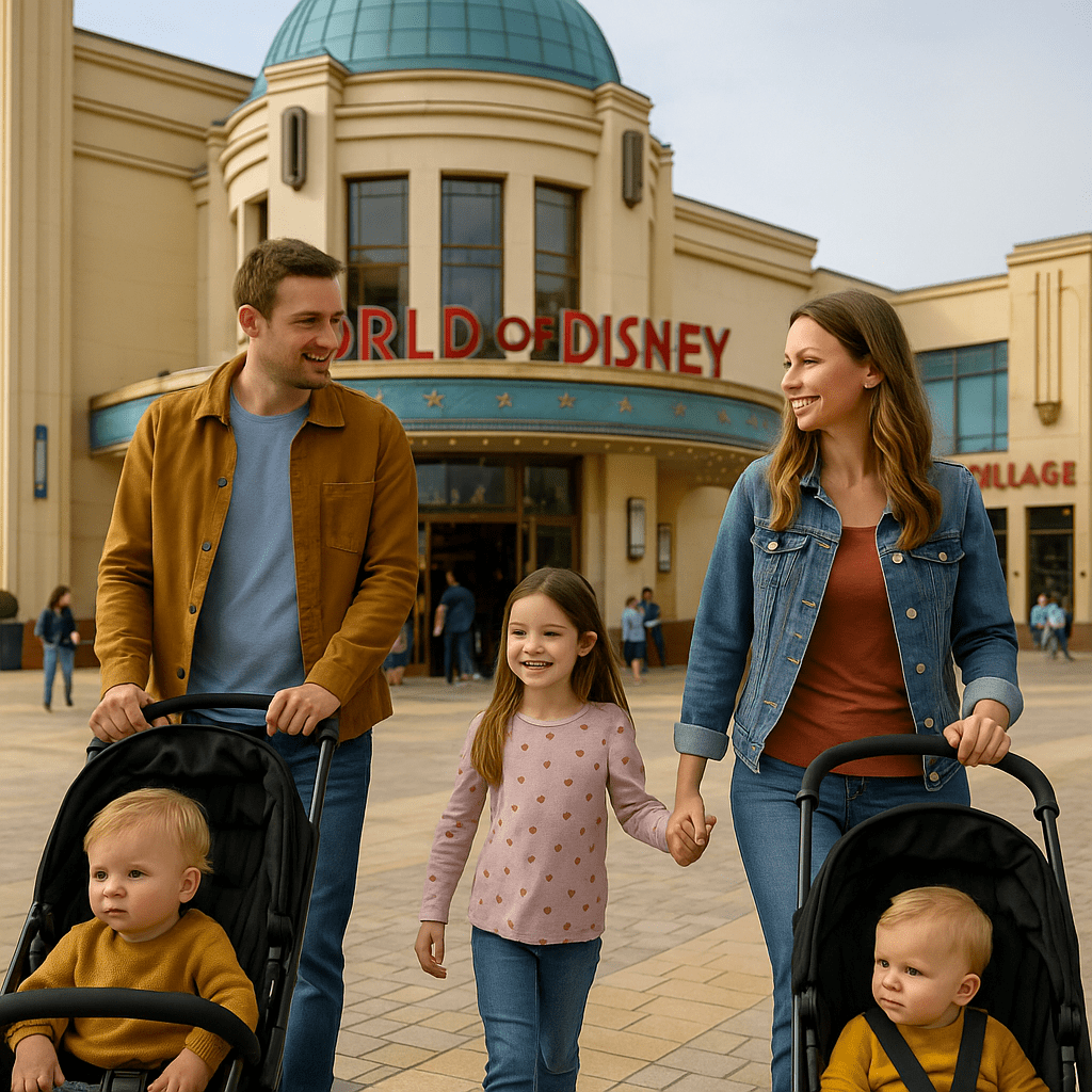 Famille se promenant à Disney Village devant une boutique World of Disney, sans billet pour les parcs