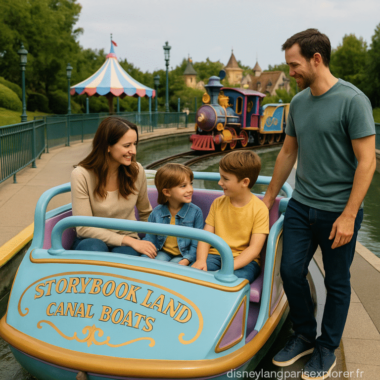 Famille montant dans une attraction de Disneyland Paris avec une file d’attente vide
