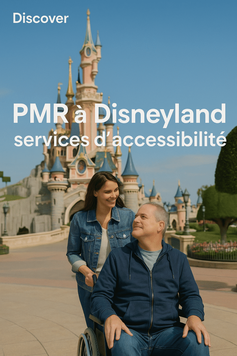 Bannière informative illustrant l’accessibilité PMR à Disneyland Paris avec fauteuil roulant devant le Château.