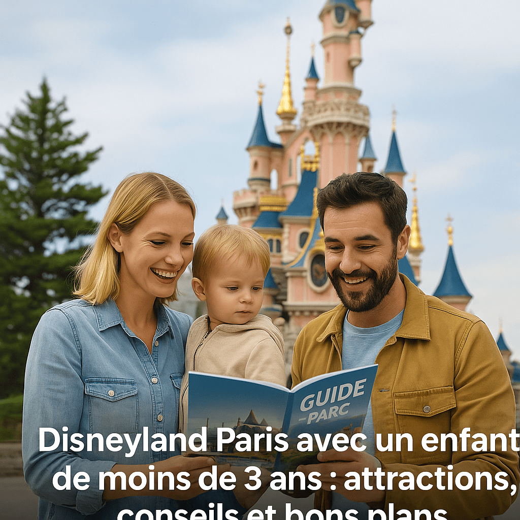 Famille avec un jeune enfant devant le château de Disneyland Paris consultant un guide des attractions.
