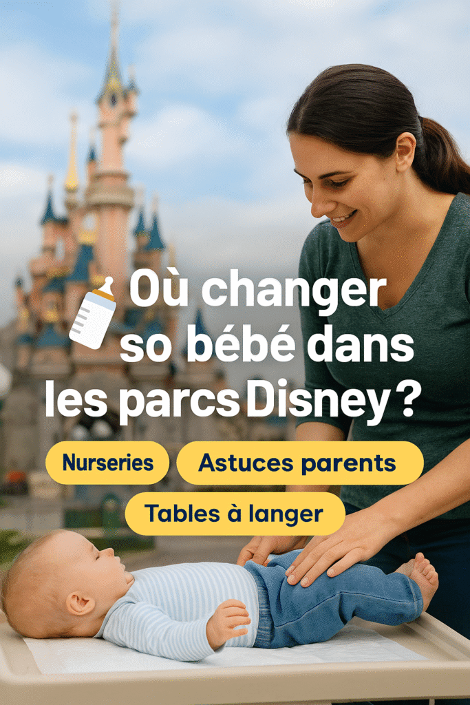Une maman change son bébé dans un espace dédié à Disneyland Paris, avec décoration Disney et équipements adaptés.