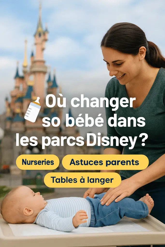 Une maman change son bébé dans un espace dédié à Disneyland Paris, avec décoration Disney et équipements adaptés.
