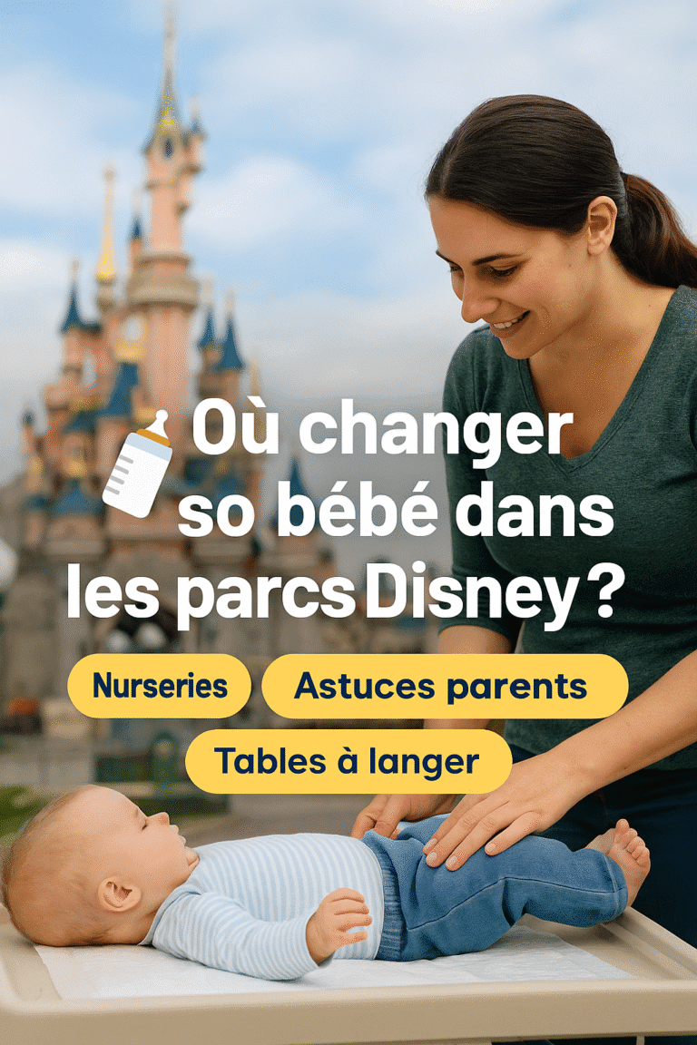 Une maman change son bébé dans un espace dédié à Disneyland Paris, avec décoration Disney et équipements adaptés.