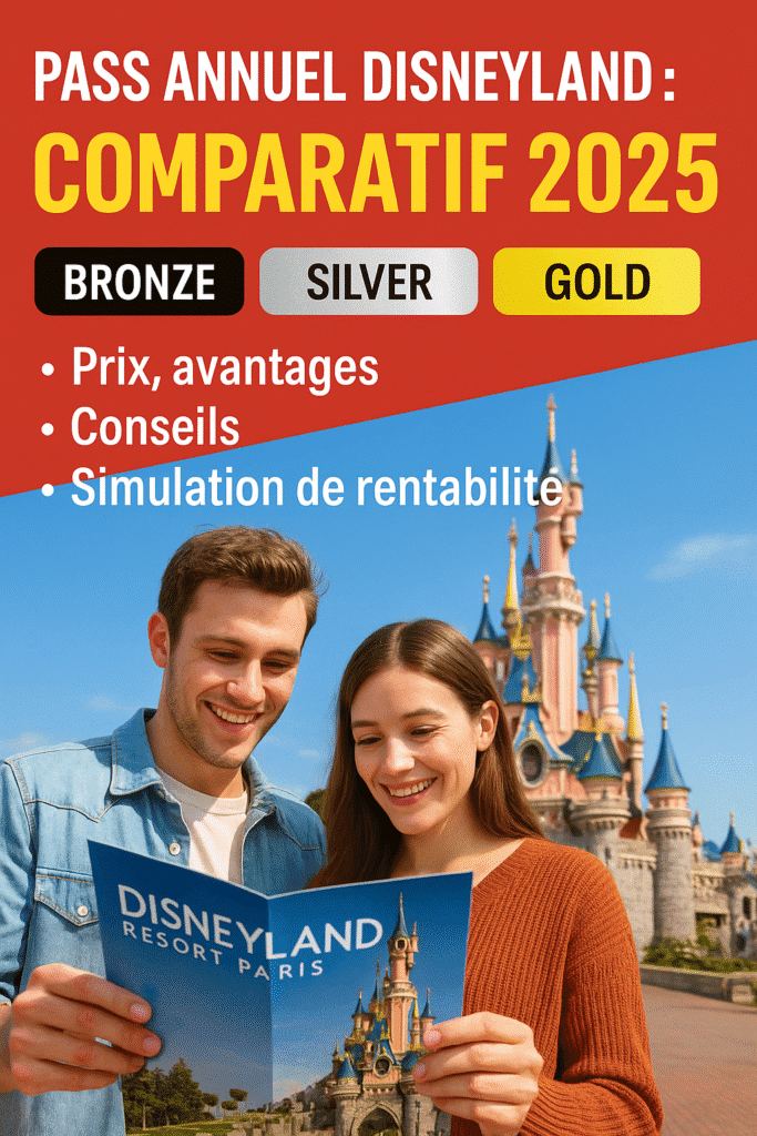 Illustration réaliste de visiteurs avec leurs Disneyland Pass devant le Château de Disneyland Paris, en pleine journée ensoleillée.