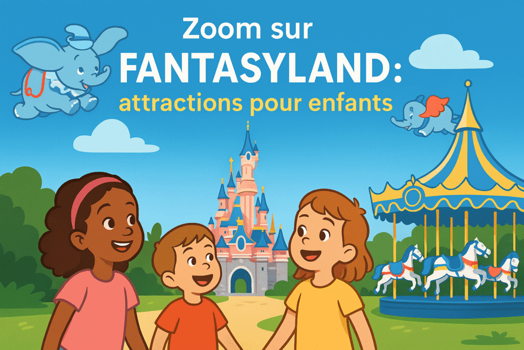 Illustration colorée de Fantasyland à Disneyland Paris avec enfants, château féerique, carrousel, Dumbo volant et ciel magique.