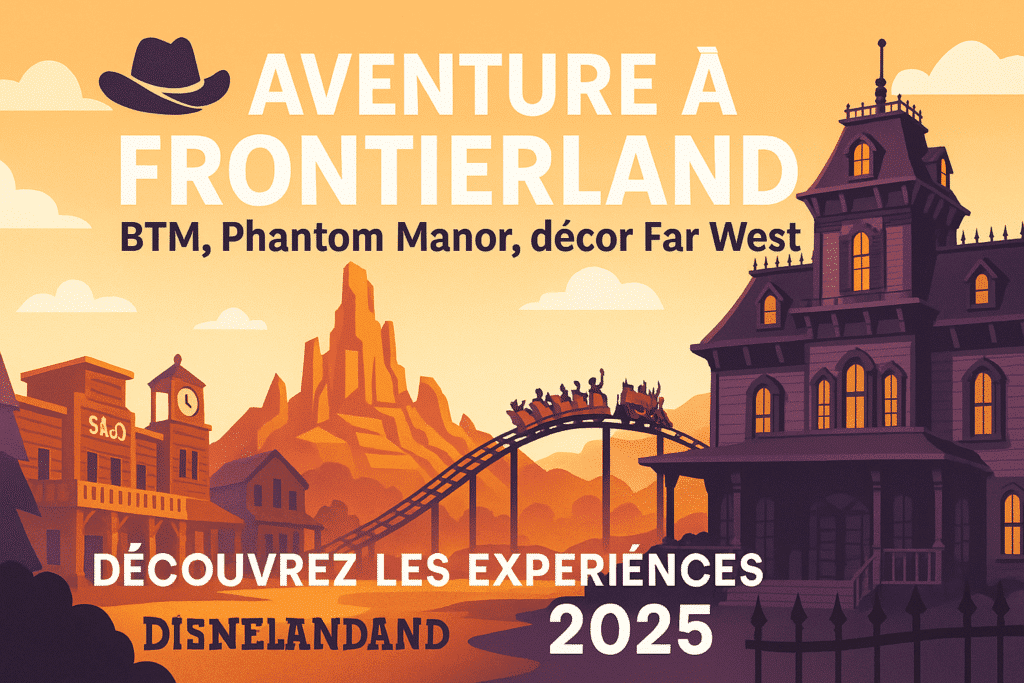 Illustration du land Frontierland à Disneyland Paris : montagne rouge, manoir hanté, train de la mine et ville western sous un ciel orangé