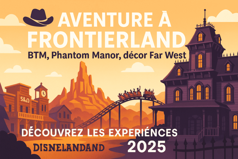 Illustration du land Frontierland à Disneyland Paris : montagne rouge, manoir hanté, train de la mine et ville western sous un ciel orangé