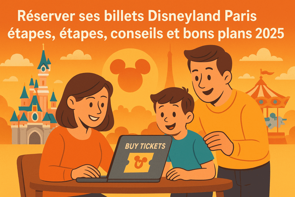 Illustration de visiteurs achetant leurs billets Disneyland Paris en ligne sur un ordinateur avec des éléments visuels des parcs en arrière-plan