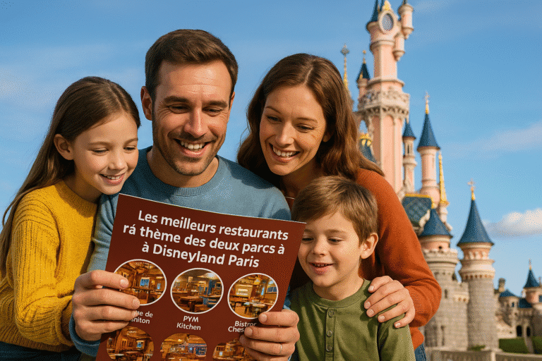 Famille souriante consultant un guide des restaurants à thème devant le château de Disneyland Paris.