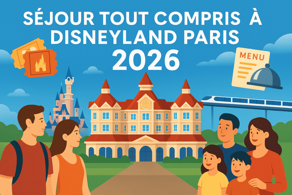 Illustration d’un couple et d’une famille devant un hôtel Disney, avec billets et formules repas visibles à l’écran