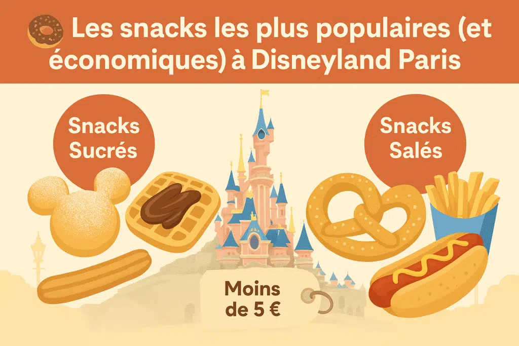 Illustration des snacks sucrés et salés les plus populaires à Disneyland Paris avec le château en arrière-plan et une étiquette "moins de 5 €".