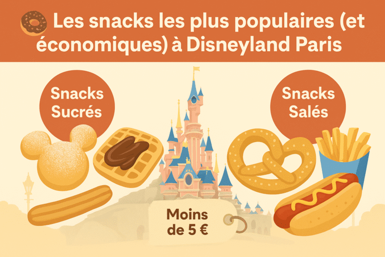 Illustration des snacks sucrés et salés les plus populaires à Disneyland Paris avec le château en arrière-plan et une étiquette "moins de 5 €".