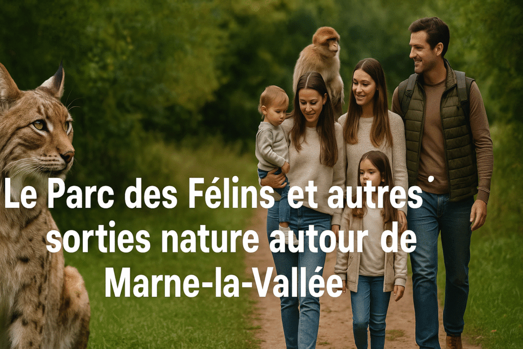 Bannière illustrée avec pictos de nature, félins, singes, enfants et forêt autour de Disneyland Paris