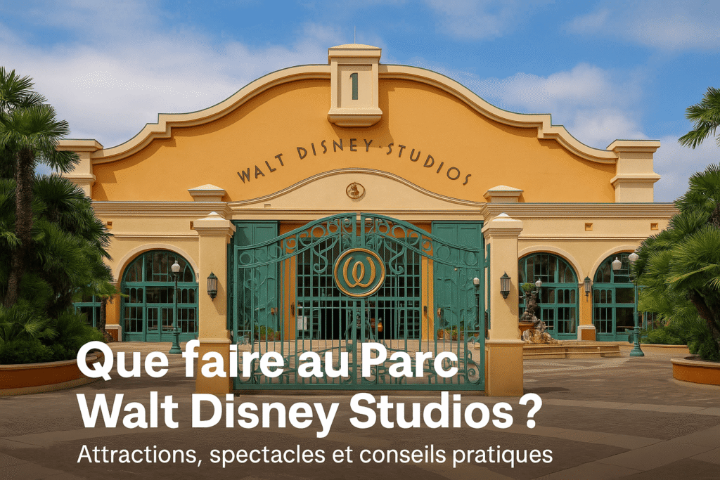 Photo de l’entrée du Parc Walt Disney Studios à Disneyland Paris, ciel bleu et visiteurs devant l’arche emblématique.