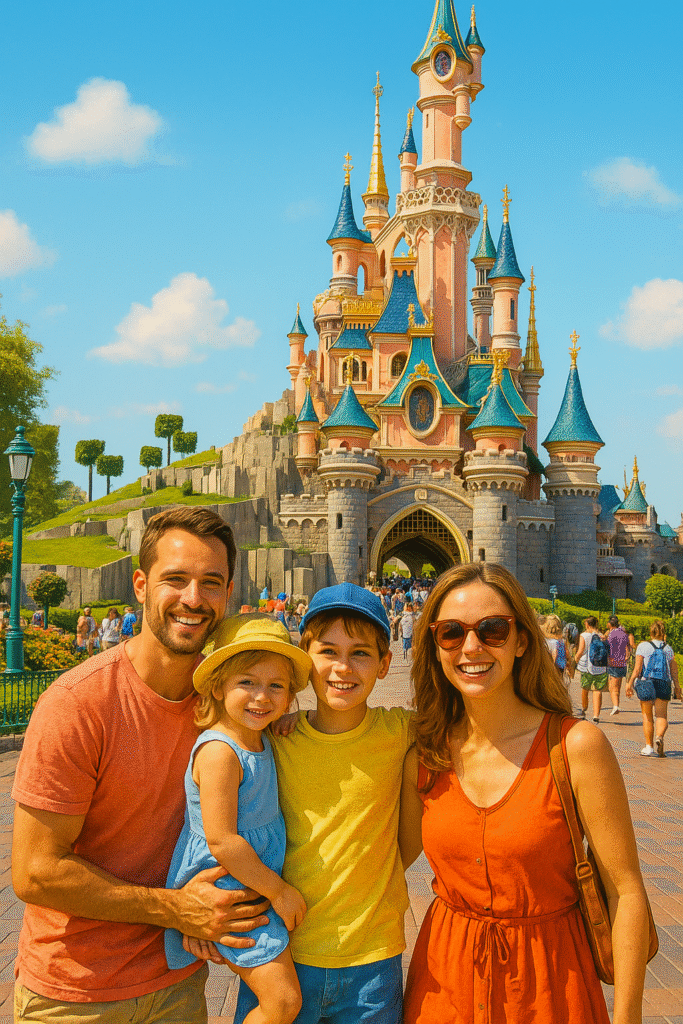 Famille en visite à Disneyland Paris sous le soleil d’été, avec le Château en arrière-plan