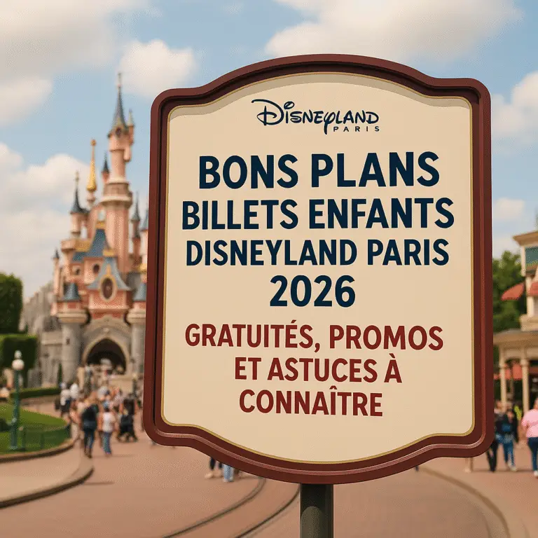 Famille avec enfants devant le château de Disneyland Paris tenant des billets, symbolisant les réductions et gratuités pour les billets enfants en 2026.