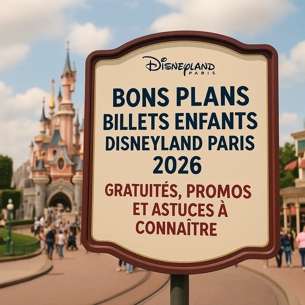 Famille avec enfants devant le château de Disneyland Paris tenant des billets, symbolisant les réductions et gratuités pour les billets enfants en 2026.