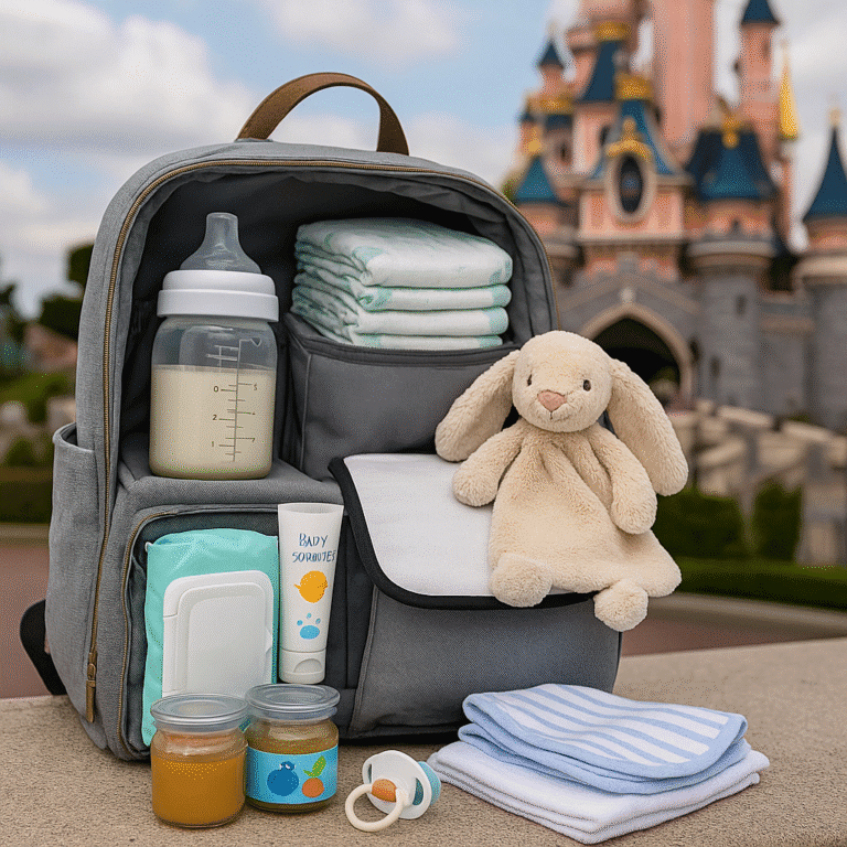 Sac à langer ouvert avec tous les essentiels bébé prêts pour Disneyland Paris