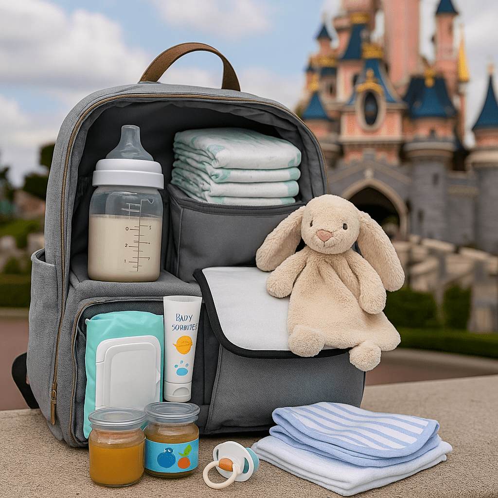 Sac à langer ouvert avec tous les essentiels bébé prêts pour Disneyland Paris
