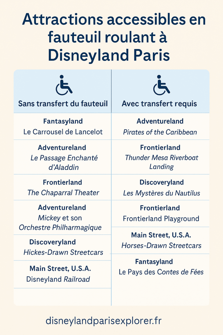 Visiteur en fauteuil roulant électrique se promenant dans les allées de Disneyland Paris, accompagné d’un proche