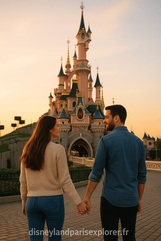 Couple amoureux tenant la main devant le château de Disneyland Paris au coucher du soleil