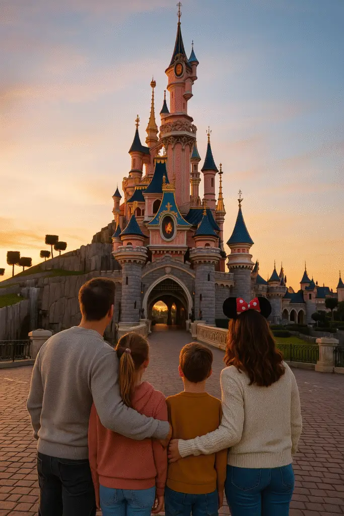 Famille devant le château de Disneyland Paris au lever du soleil