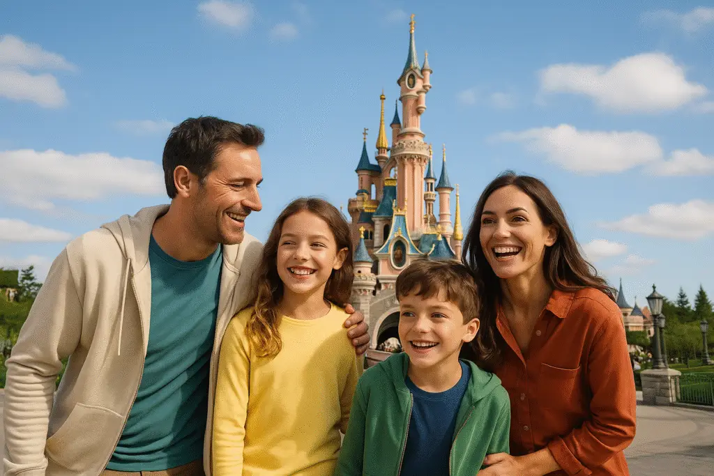 Famille souriante devant le château de Disneyland Paris par une journée ensoleillée