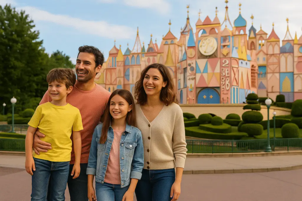 Famille souriante devant l’attraction it’s a small world à Disneyland Paris