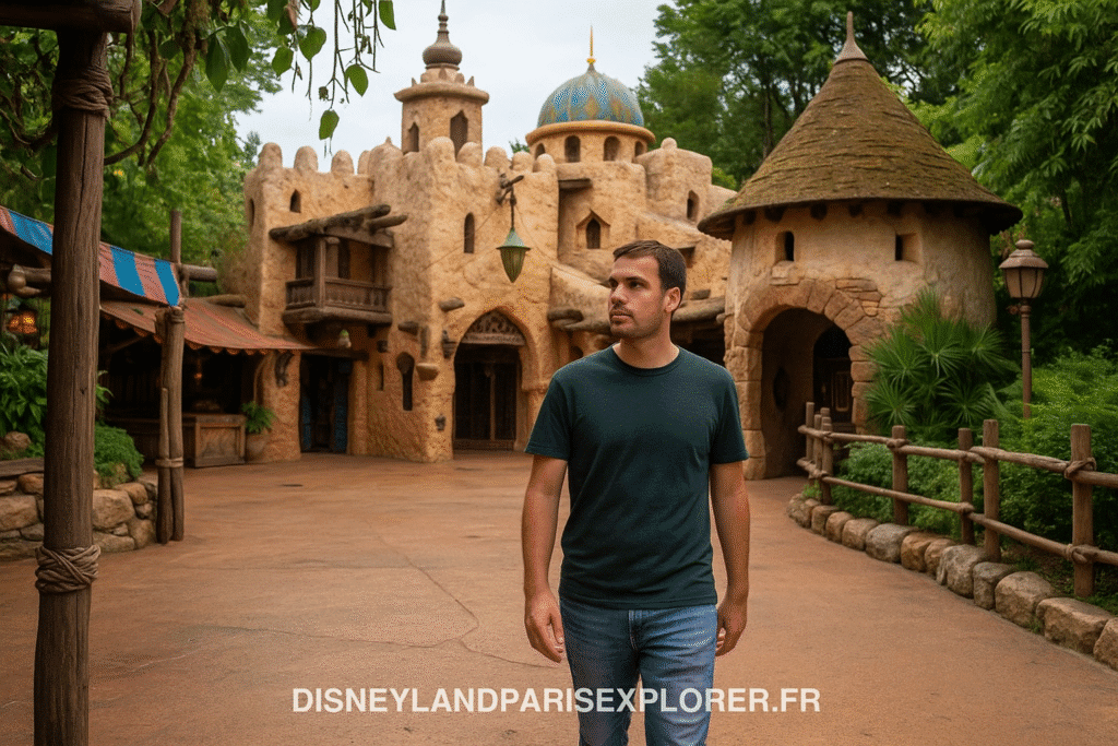Adulte se promenant dans Adventureland à Disneyland Paris, sans costume ni accessoire Disney