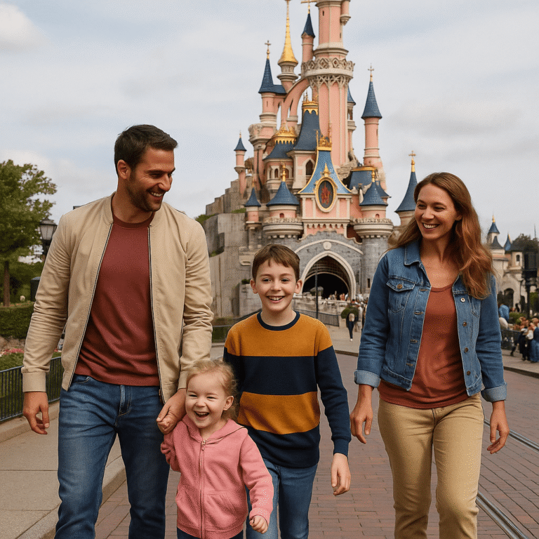 Famille avec deux jeunes enfants marchant dans une allée de Disneyland Paris, tenant les enfants par la main avec des sacs bien préparés