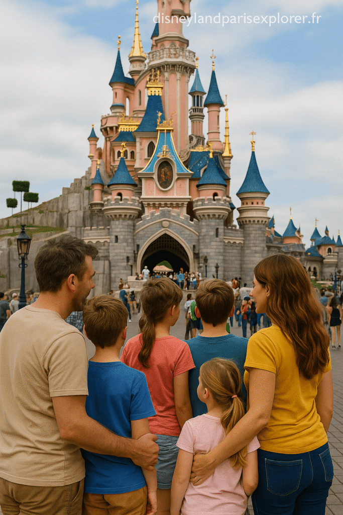 Famille nombreuse avec six membres se promenant dans Main Street à Disneyland Paris, en pleine organisation d’une journée d’attractions.