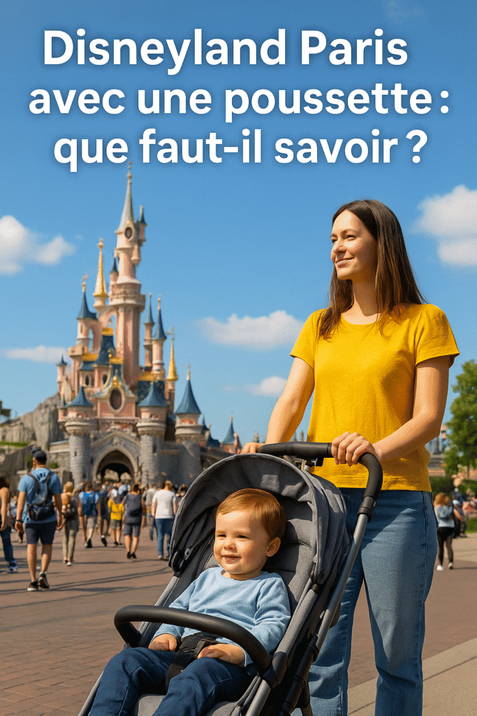 Famille se promenant avec une poussette à Disneyland Paris par temps ensoleillé